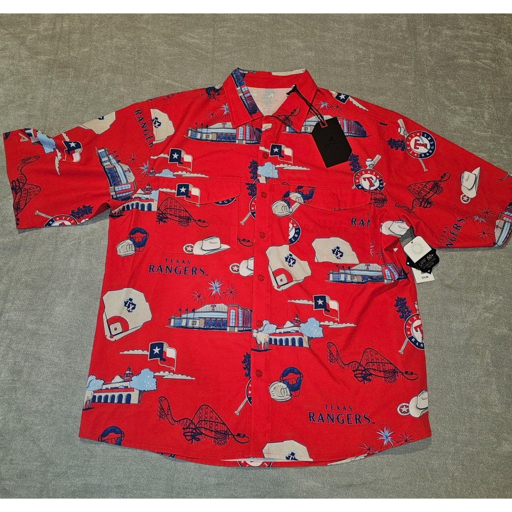 Texas Rangers MLB Mens Medium Woven Short Sleeve Shirt Baseball Antigua